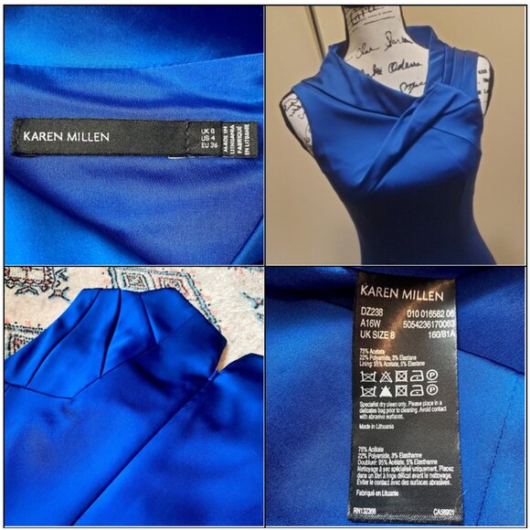 Stunning Karen Millen Electric Blue Satin Folded Collar Sleeveless Dress Size 4 - Picture 8 of 16